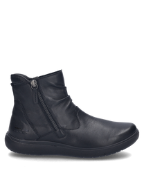 La bottine noire est en cuir lisse et possède une fermeture éclair pratique sur le côté. La chaussure a une forme simple et élégante avec une semelle grise confortable.