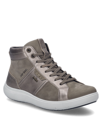 La zapatilla en color topo está hecha de una mezcla de materiales y cuenta con un sistema de cordones. Las características especiales son los insertos en contraste y la suela cómoda y clara.
