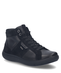The sneaker is made of smooth black leather with velvety suede accents. It features a classic lacing system and a sturdy black rubber sole for optimal grip and comfort.