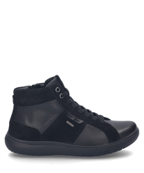 The sneaker is made of smooth black leather with velvety suede accents. It features a classic lacing system and a sturdy black rubber sole for optimal grip and comfort.