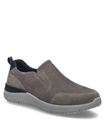 The gray half-shoe is made of a soft high-quality material and features a practical elastic band. The shoe offers a modern look with rounded edges and a light outsole.