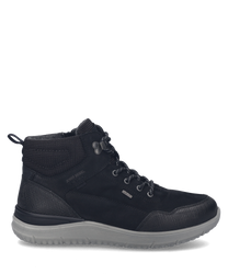 Der schwarze Sneaker besteht aus einem robusten Materialmix und verfügt über eine Schnürung. Der Schuh zeichnet sich durch sein modernes Design mit strukturierten Einsätzen und einer profilierten Sohle aus.