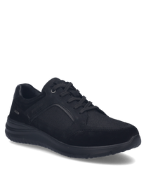 Black sneaker with lacing made from a combination of suede and textile material. The shoe features a sturdy sole and a subtle logo on the side.