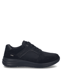 Black sneaker with lacing made from a combination of suede and textile material. The shoe features a sturdy sole and a subtle logo on the side.