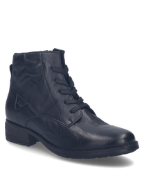The black leather ankle boot features a classic lacing and a low heel perfect for a stylish and comfortable look. The smooth material gives the ankle boot an elegant and timeless appeal.
