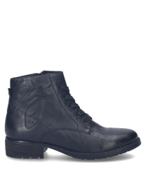 The black leather ankle boot features a classic lacing and a low heel perfect for a stylish and comfortable look. The smooth material gives the ankle boot an elegant and timeless appeal.