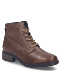 Cognac-colored ankle boot made of leather with lacing. The shoe features a sturdy block heel and a slightly profiled sole.