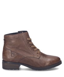 Cognac-colored ankle boot made of leather with lacing. The shoe features a sturdy block heel and a slightly profiled sole.