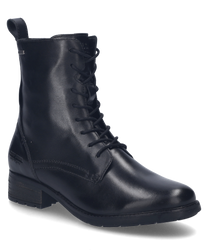 Die schwarze Stiefelette aus Leder zeigt eine elegante Schnürung und einen niedrigen Absatz ideal für stilvolle Auftritte. Das glatte Material und das schlichte Design machen sie vielseitig kombinierbar.