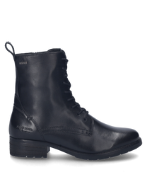 Die schwarze Stiefelette aus Leder zeigt eine elegante Schnürung und einen niedrigen Absatz ideal für stilvolle Auftritte. Das glatte Material und das schlichte Design machen sie vielseitig kombinierbar.