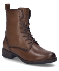 Cognac-colored ankle boot made of leather with lacing. The shoe features a sturdy block heel and subtle decorative seams.