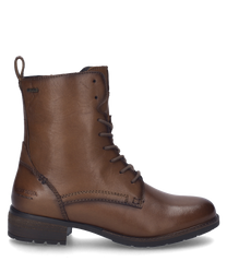 Cognac-colored ankle boot made of leather with lacing. The shoe features a sturdy block heel and subtle decorative seams.