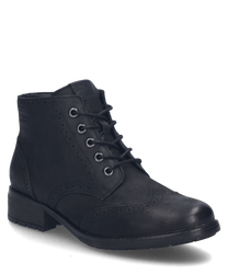 Bottine noire en cuir avec lacets. Design élégant avec des coutures décoratives et un talon robuste.