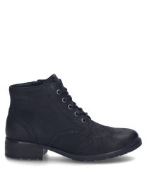 Bottine noire en cuir avec lacets. Design élégant avec des coutures décoratives et un talon robuste.