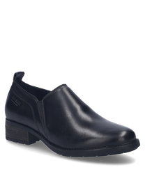 Der schwarze Slipper besteht aus glattem Leder und hat einen eleganten minimalistischen Look. Besonderheiten sind der bequeme Gummizug und die dezente Logo-Prägung an der Seite.