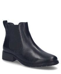 The black ankle boot is made of high-quality leather and features a side zipper. It is characterized by a simple design and a sturdy sole.