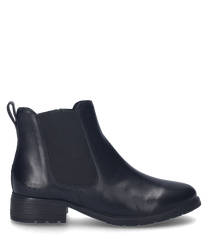 The black ankle boot is made of high-quality leather and features a side zipper. It is characterized by a simple design and a sturdy sole.