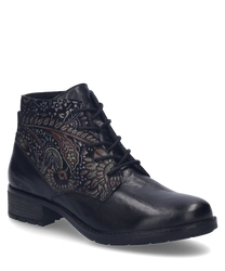 The ankle boot in black-multi features an elegant lace-up design. It is made of high-quality leather with a striking multi-colored pattern on the sides.