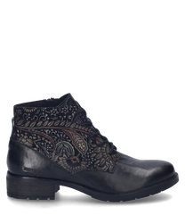 The ankle boot in black-multi features an elegant lace-up design. It is made of high-quality leather with a striking multi-colored pattern on the sides.