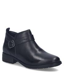 The image shows a low-cut shoe with a sleek black leather exterior. It features a zipper closure and a decorative buckle on the side providing a modern and stylish look.
