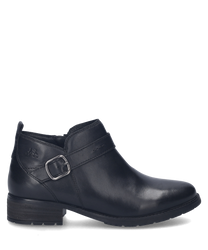 The image shows a low-cut shoe with a sleek black leather exterior. It features a zipper closure and a decorative buckle on the side providing a modern and stylish look.