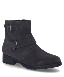 La bota en color titan está hecha de un material robusto con una cremallera lateral y hebillas decorativas. El zapato tiene una suela ligeramente perfilada y es ideal para una apariencia elegante y cómoda.