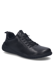 El zapato negro de cuero presenta un cordón clásico y una suela flexible y estructurada. El zapato ofrece un diseño minimalista con una correa en el talón discreta para un soporte adicional.