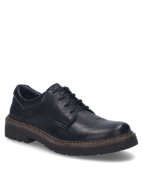 De zwarte leren halfhoge schoen heeft een klassieke vetersluiting en een robuuste gestikte zool. De schoen biedt een elegante en tegelijkertijd casual uitstraling ideaal voor dagelijks gebruik.