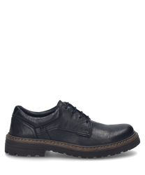 De zwarte leren halfhoge schoen heeft een klassieke vetersluiting en een robuuste gestikte zool. De schoen biedt een elegante en tegelijkertijd casual uitstraling ideaal voor dagelijks gebruik.
