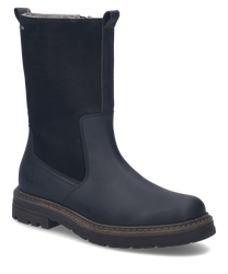 This boot made of dark blue leather features a practical zipper on the outside. The sturdy sole and subtle stitching give it a timeless design.