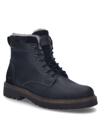 Die schwarze Stiefelette aus Leder hat eine robuste Schnürung und ist mit einem weichen Innenfutter ausgestattet. Der Schuh präsentiert sich mit einer kontrastierenden Sohle und dezenten Nähten für einen klassischen Look.