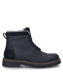 Die schwarze Stiefelette aus Leder hat eine robuste Schnürung und ist mit einem weichen Innenfutter ausgestattet. Der Schuh präsentiert sich mit einer kontrastierenden Sohle und dezenten Nähten für einen klassischen Look.
