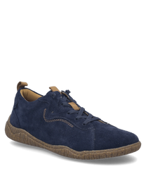 De halfhoge schoen in de kleur indigo is gemaakt van suede en heeft een vetersluiting als sluiting. De zool is gemaakt van een lichtbruine materiaal dat zorgt voor een natuurlijke uitstraling.