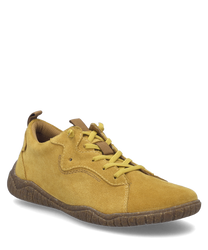 The half shoe in saffron color is made of a soft high-quality material that has a velvety surface. It features lacing and a sturdy textured sole for additional support.