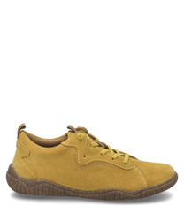 The half shoe in saffron color is made of a soft high-quality material that has a velvety surface. It features lacing and a sturdy textured sole for additional support.