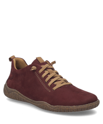 The burgundy half shoe is made of a smooth material and features lacing as a closure. The sole is robust and has a textured surface that provides stability to the shoe.
