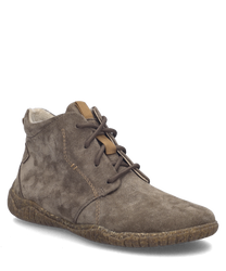 De taupe kleurige enkellaars is gemaakt van suede en heeft een vetersluiting als sluiting. Het heeft een robuuste gestructureerde zool die optimale grip biedt.