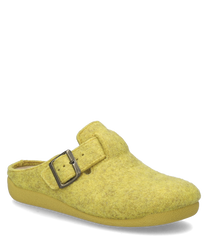 Yellow felt house shoe with buckle closure. The shoe has a closed front and a flat sole.