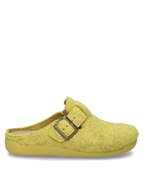 Yellow felt house shoe with buckle closure. The shoe has a closed front and a flat sole.