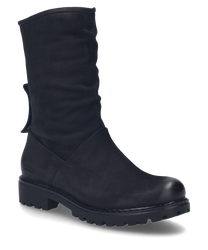 Black boot with a sturdy design and zipper on the outside. The boot is made of a smooth material and features a grippy sole for added traction.