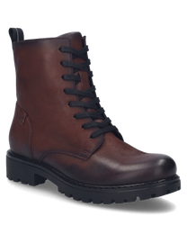 La bota de color burdeos está hecha de cuero de alta calidad y cuenta con un robusto cordón. El zapato tiene una suela perfilada para mejor agarre y una discreta aplicación de logo en el costado.
