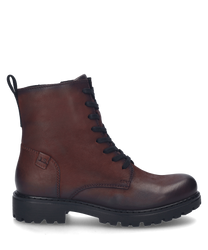 La bota de color burdeos está hecha de cuero de alta calidad y cuenta con un robusto cordón. El zapato tiene una suela perfilada para mejor agarre y una discreta aplicación de logo en el costado.