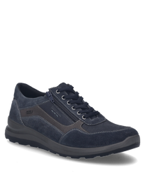 The sneaker in dark blue combination features a modern design with lacing and an additional zipper on the side. The upper material is made of durable suede accentuated by fine decorative stitching.