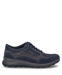 The sneaker in dark blue combination features a modern design with lacing and an additional zipper on the side. The upper material is made of durable suede accentuated by fine decorative stitching.