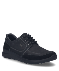 Black sneaker with lacing made from a mix of smooth and suede leather featuring striking stitching and a subtle logo on the side.
