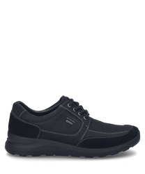 Black sneaker with lacing made from a mix of smooth and suede leather featuring striking stitching and a subtle logo on the side.