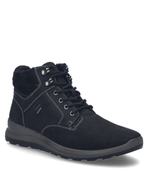 Die schwarze Stiefelette aus robustem Material zeichnet sich durch eine Schnürung und kontrastierende Nähte aus. Der Schuh hat eine profilierte Sohle für besseren Halt.