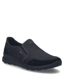 Black slip-on shoes made of smooth material with elastic closure for easy wear. The shoe features subtle decorative stitching and a comfortable textured sole.