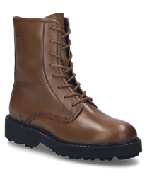 The boot is made of cognac-colored leather and features a sturdy lacing. The rugged sole provides additional grip and comfort.