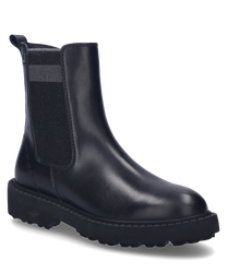 Botte noire avec fermeture éclair fabriquée en cuir lisse. La botte a une semelle robuste et des détails de couture discrets qui ajoutent de l'élégance au design.